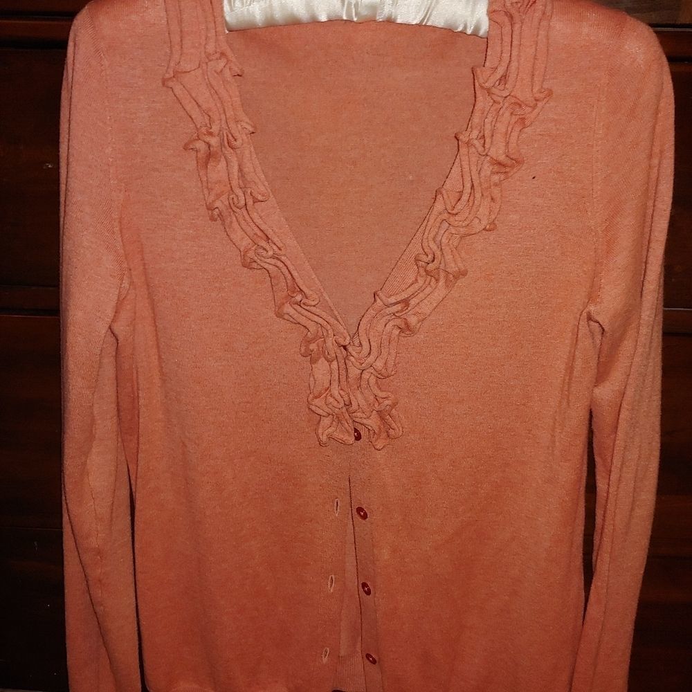 Talbots Sweater Cardigan Wool blend ruffled neckline with buttons Size Small Lig